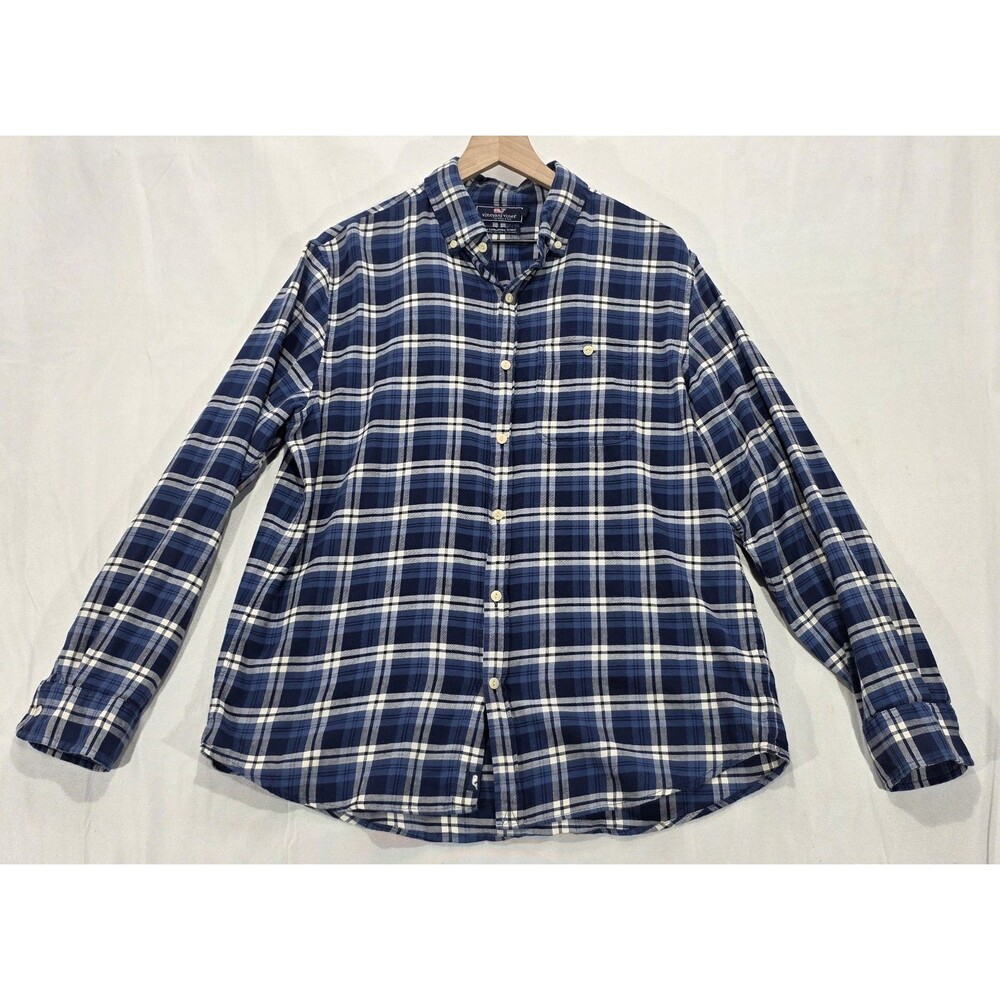 Vineyard Vines Slim Longshore Shirt Mens L Blue Plaid Long Sleeve Cotton Linen